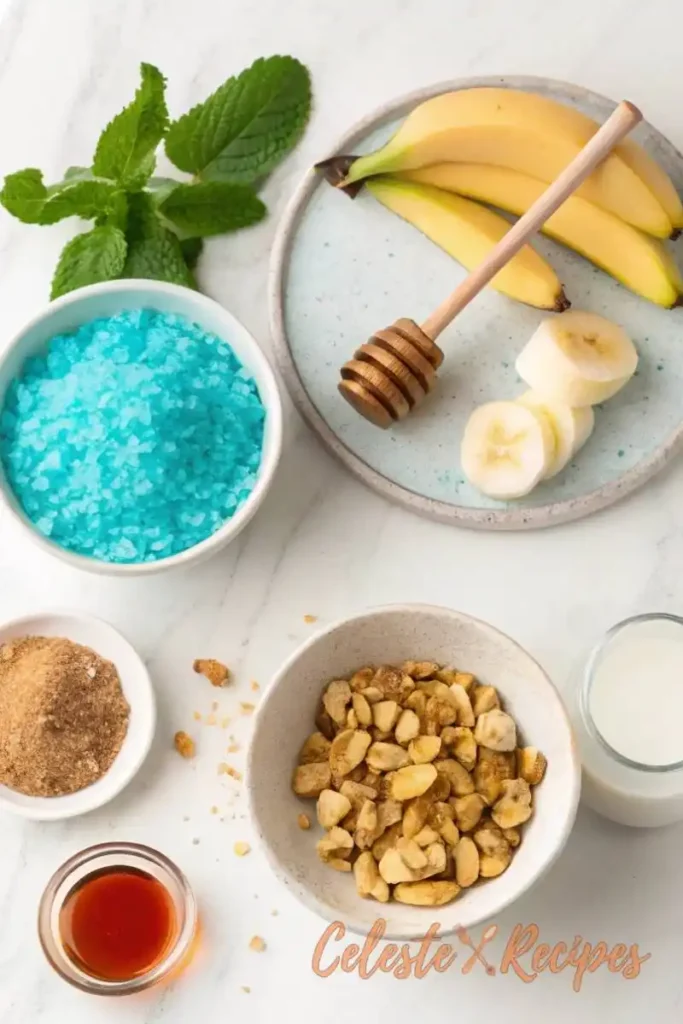Blue Salt Trick recipe ingredients Persian blue salt, banana, almonds, honey, cinnamon, milk, mint, and lemon