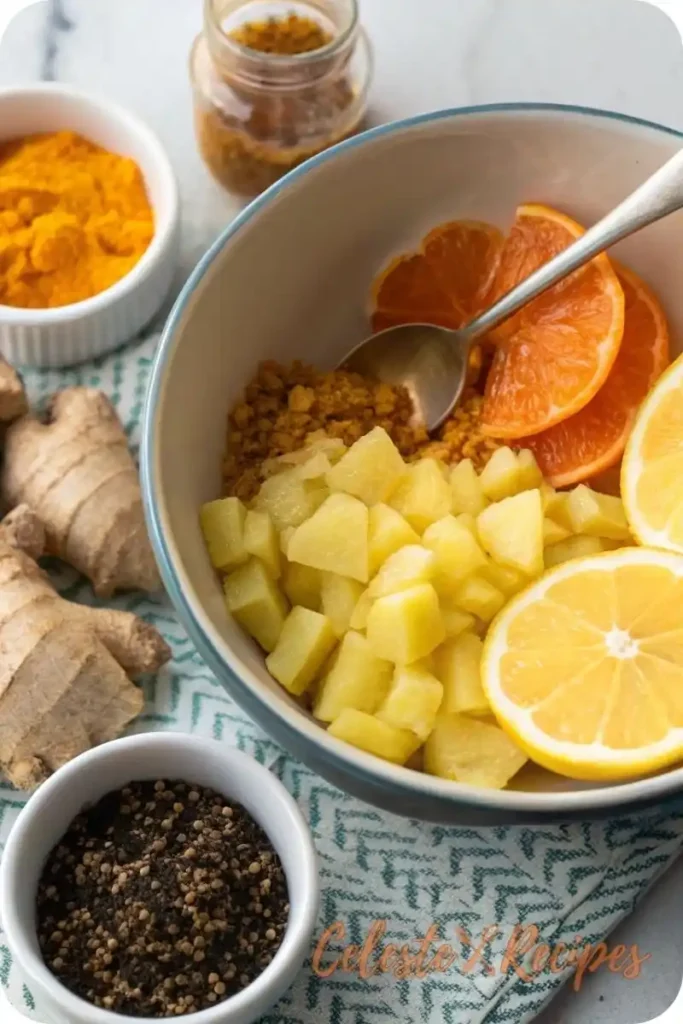 ginger shot recipe ingredients ginger lemon orange honey turmeric pepper