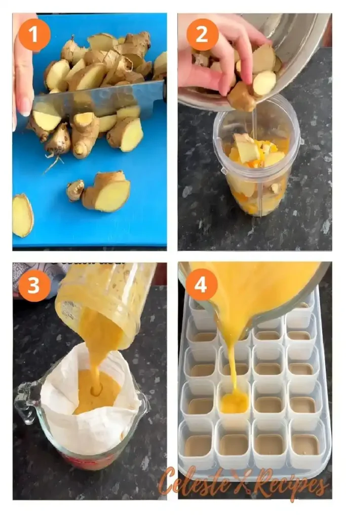 ginger shot recipe blending straining freezing ice cubes