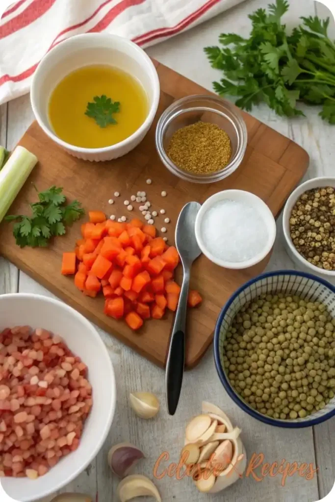 Mediterranean Lentil Soup Recipe 3 Ingredients for Mediterranean lentil soup recipe arranged on a rustic table