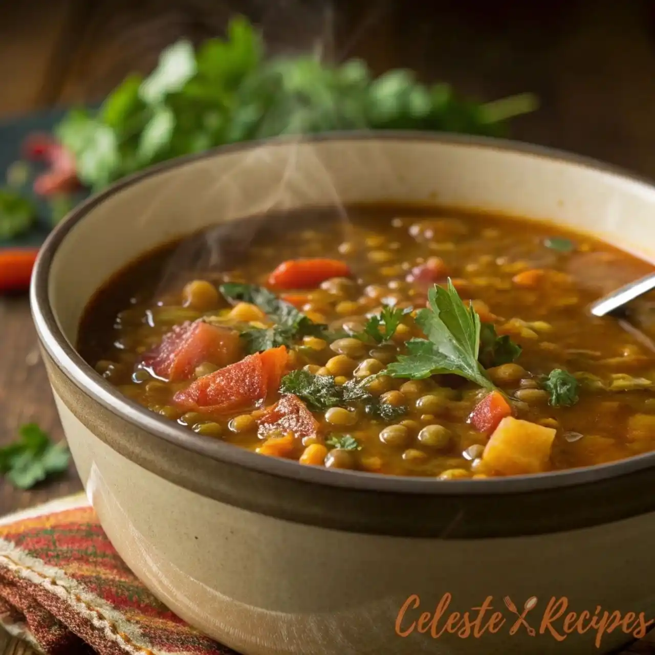 Mediterranean Lentil Soup Recipe 5 Mediterranean lentil soup simmering in a cozy kitchen with fresh ingredients
