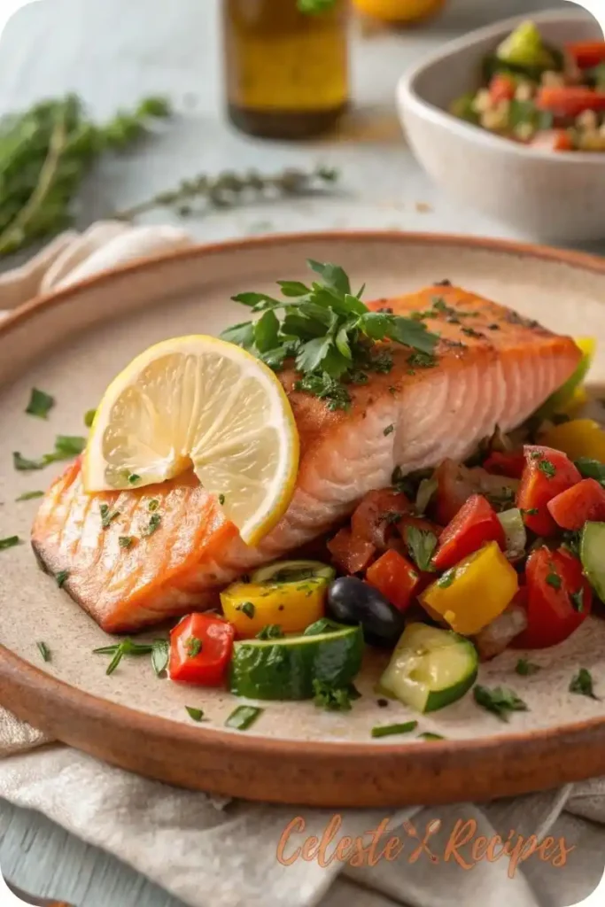 Mediterranean Salmon Recipe 4 Plated Mediterranean salmon with vegetables and lemon