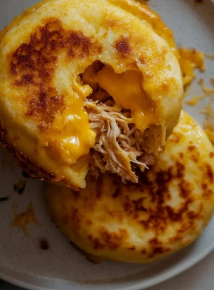 Delicious Keto Arepas served on a wooden plate with toppings.