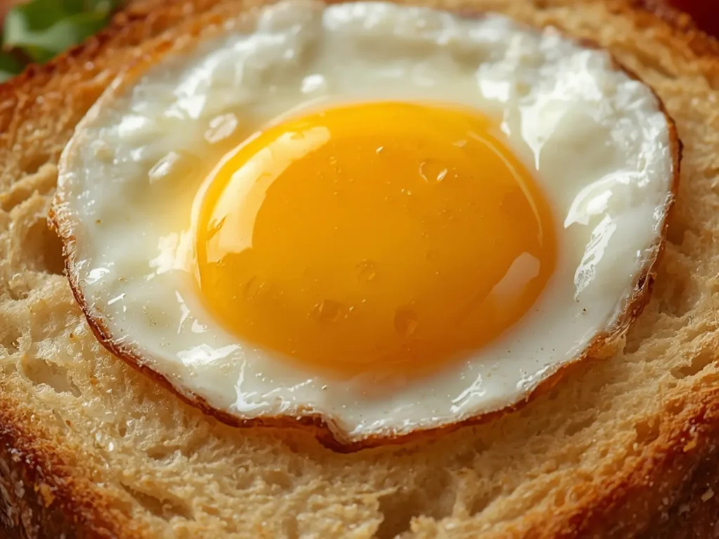 90 Second Keto Bread with Fried Egg: Golden keto bread slice topped with a sizzling fried egg and runny yolk for a low-carb breakfast.