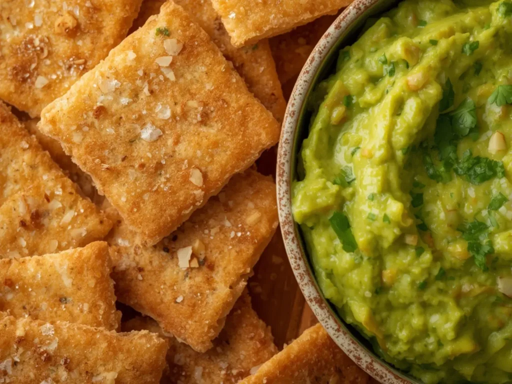 Almond Flour Crackers with Guacamole: Extra crispy almond flour crackers stacked beside creamy green guacamole in a bowl.