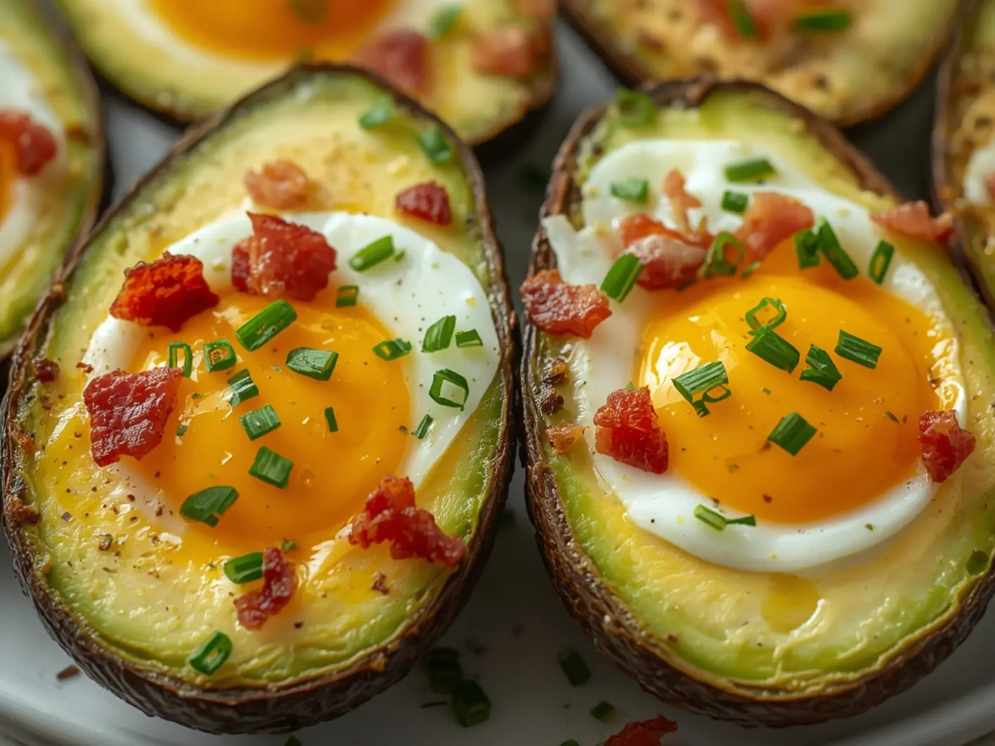 Ultimate Avocado Egg Boats - Easy Breakfast Recipe 7 Avocado Egg Boats: Golden baked eggs inside ripe avocado halves topped with crispy bacon bits and fresh green chives on a baking sheet