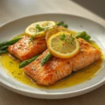 Baked Salmon Asparagus: Juicy baked salmon with crisp asparagus and lemon slices on a baking sheet, ready for Mediterranean Diet Dinners.