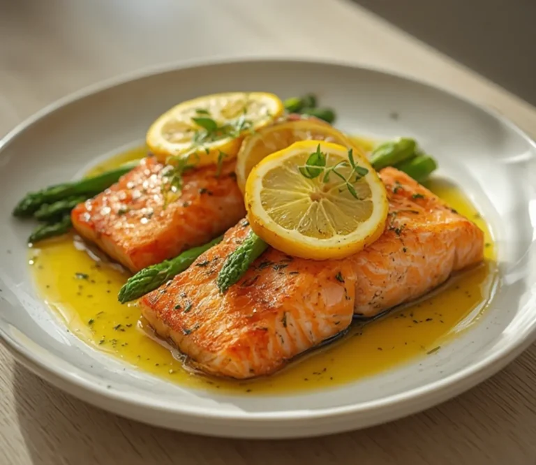 Home 10 Baked Salmon Asparagus: Juicy baked salmon with crisp asparagus and lemon slices on a baking sheet, ready for Mediterranean Diet Dinners.