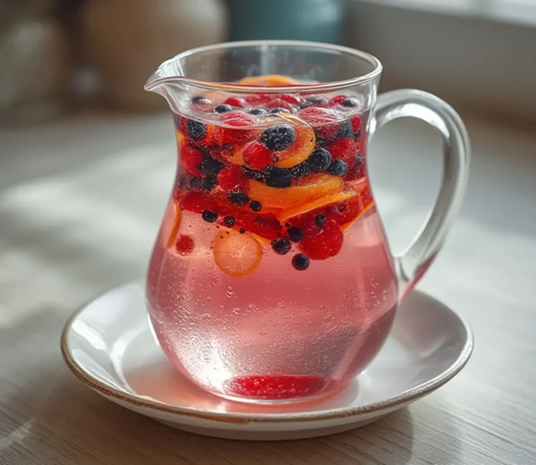 Berry Lemon Detox: Vibrant Berry Lemon Detox in a clear pitcher with sliced lemons and mixed berries floating in cold water.