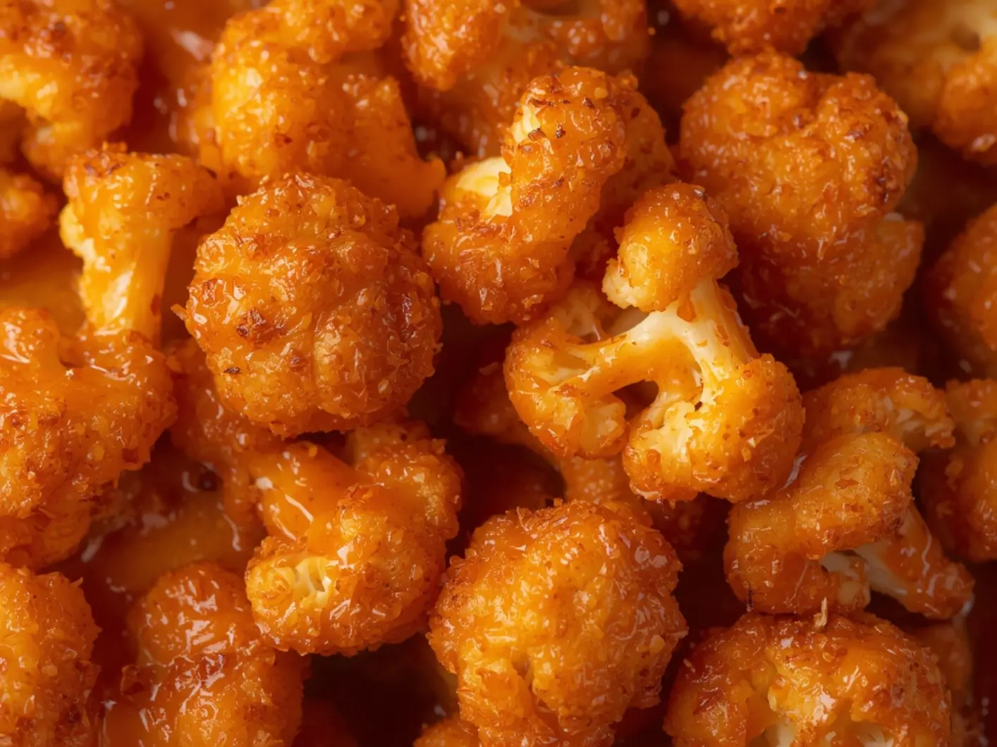 Extra Crispy Buffalo Cauliflower Bites 6 Buffalo Cauliflower Bites: Extra crispy golden buffalo cauliflower bites on a baking sheet with spicy orange sauce coating and crispy edges