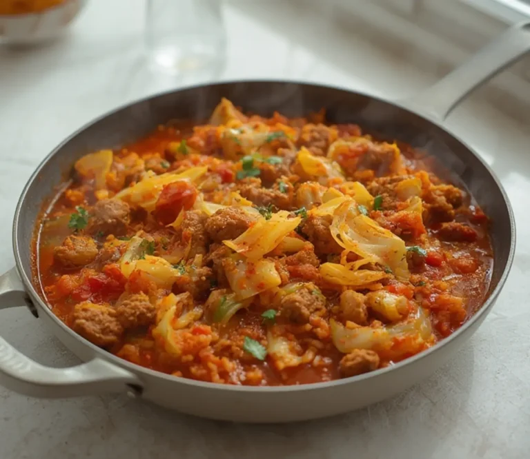 Cabbage Roll Skillet: Skillet with tender cabbage, ground beef, and rich tomato sauce, steam rising for a cozy keto meal.