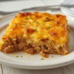 Cheesy Beef Casserole: Golden bubbly cheesy beef casserole with melted cheddar crust and creamy beef filling in a baking dish.