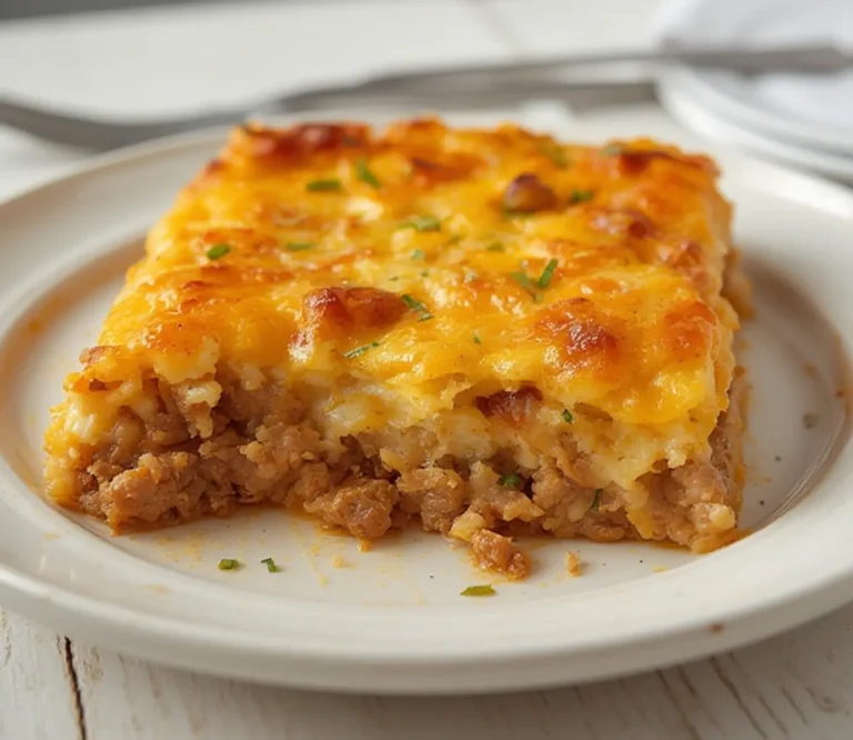 Cheesy Beef Casserole: Golden bubbly cheesy beef casserole with melted cheddar crust and creamy beef filling in a baking dish.