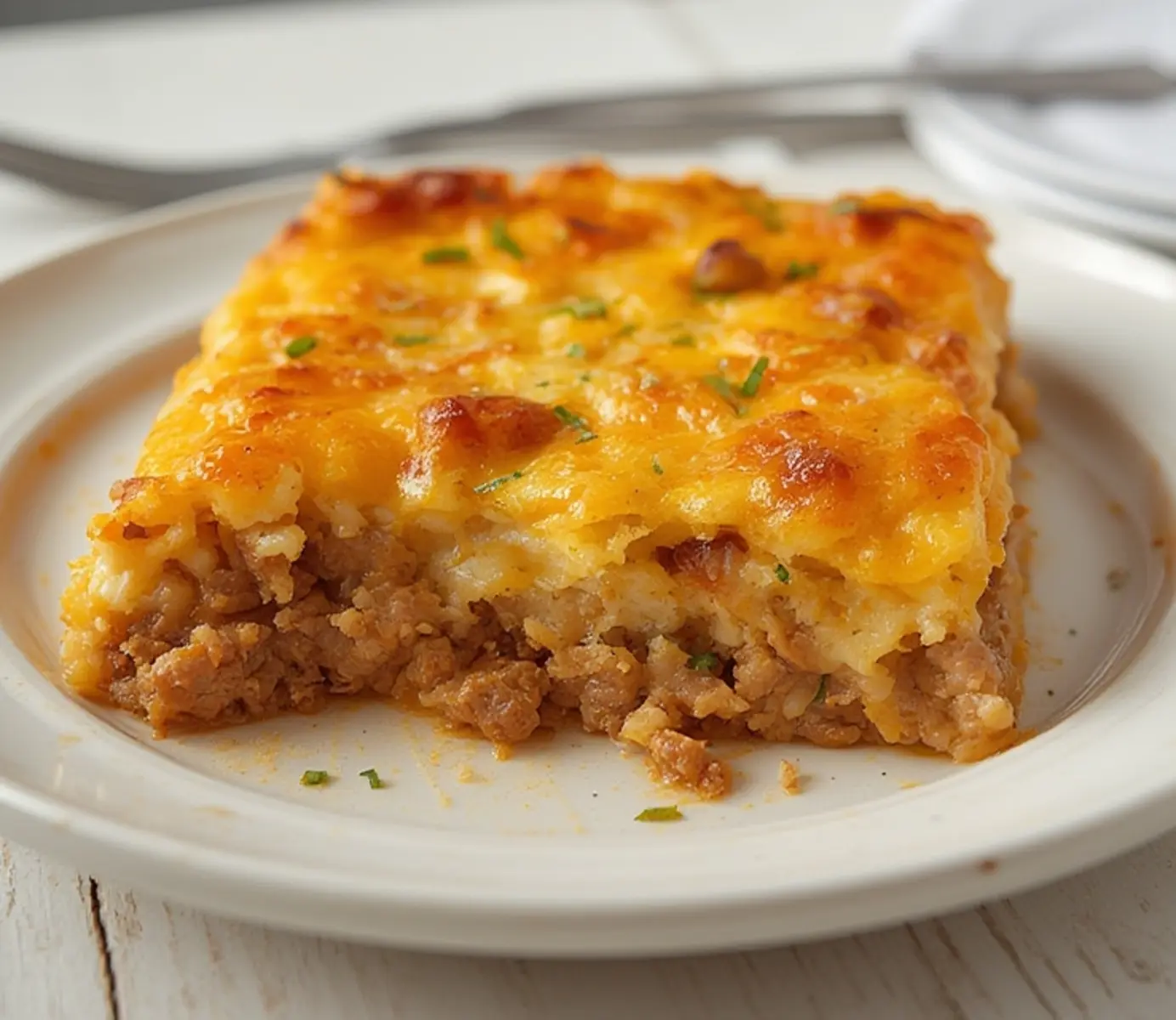Ultimate Cheesy Beef Casserole - Keto Dinners & Casseroles 5 Cheesy Beef Casserole: Golden bubbly cheesy beef casserole with melted cheddar crust and creamy beef filling in a baking dish.