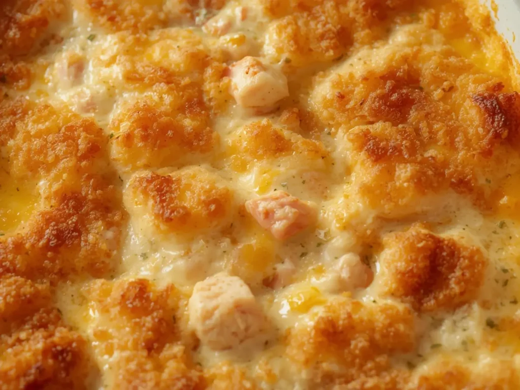 Chicken Cordon Bleu Casserole: Golden brown chicken cordon bleu casserole with melted Swiss cheese and crispy panko topping.