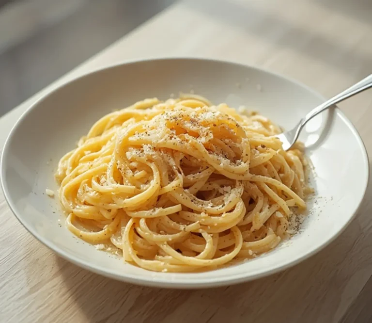 Cottage Cheese Pasta: Close up of creamy cottage cheese pasta twirled on a fork with glistening parmesan sauce and black pepper specks