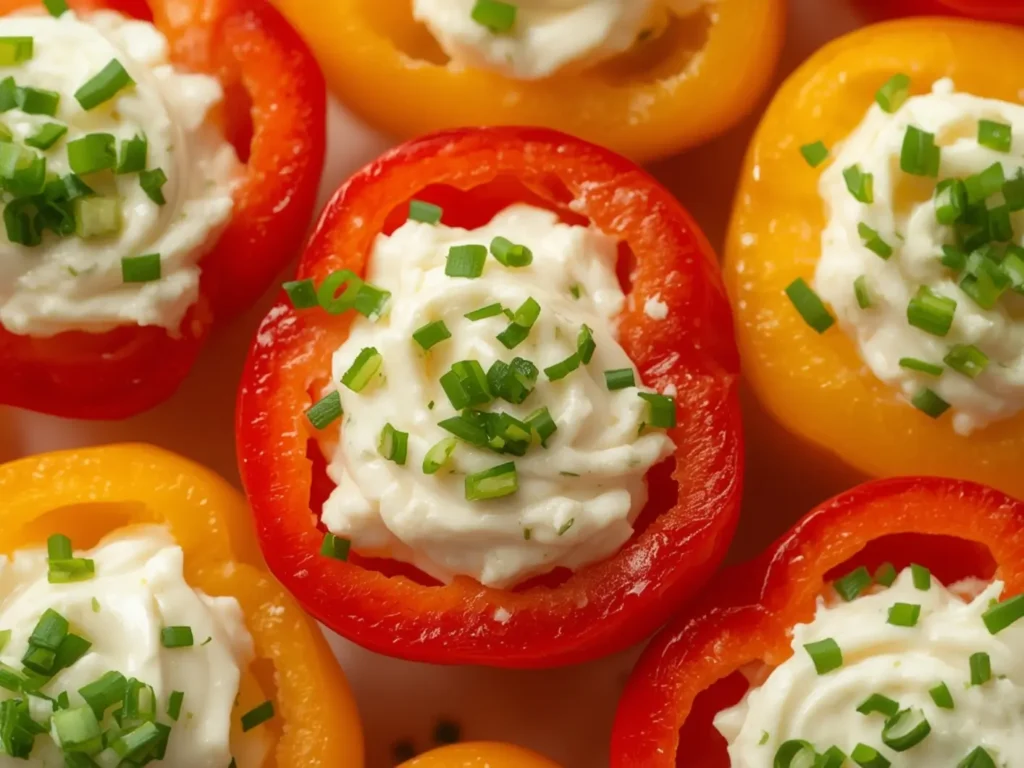 Cream Cheese Stuffed Mini Peppers: Creamy cream cheese stuffed mini peppers with chives in red and yellow halves
