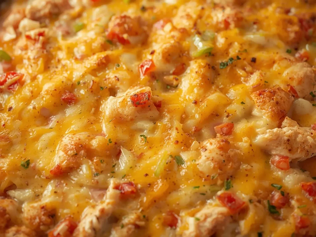 Creamy Chicken Fajita Casserole: Golden baked chicken fajita casserole with melted cheese, peppers, and creamy sauce.