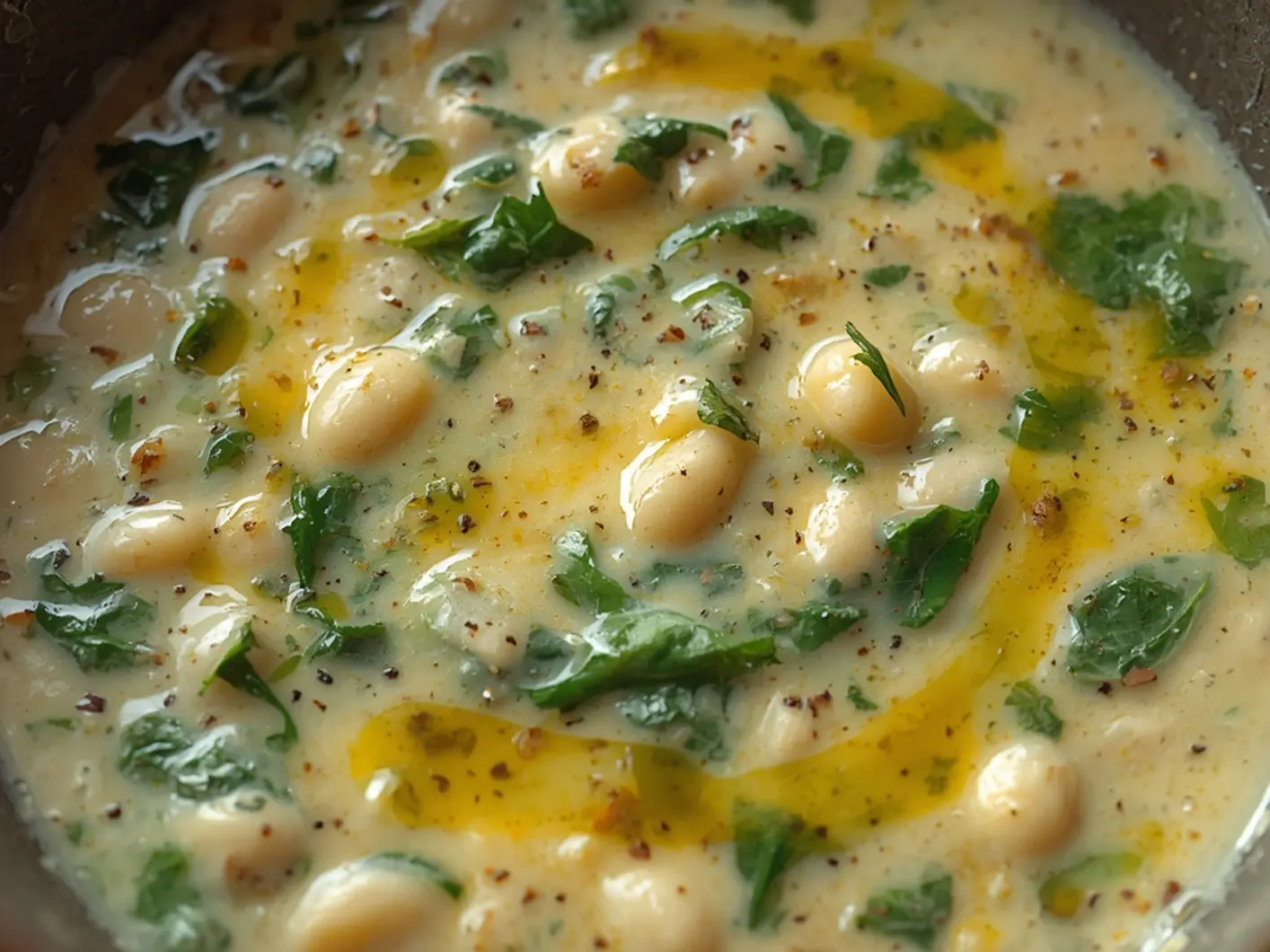 Creamy Tuscan White Bean Soup Recipe Easy Weeknight Dinner 4 Creamy Tuscan White Bean Soup: Close up of creamy Tuscan white bean soup in a bowl with spinach and crusty bread