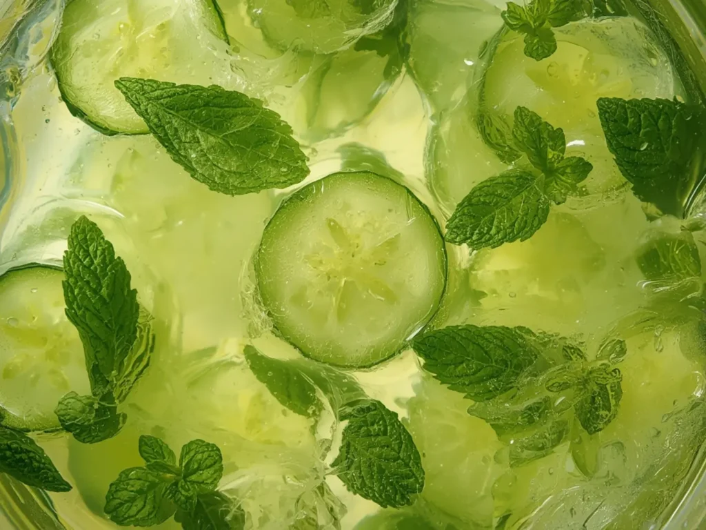 Cucumber Mint Detox Water: Fresh cucumber slices and mint leaves in a clear glass pitcher of water