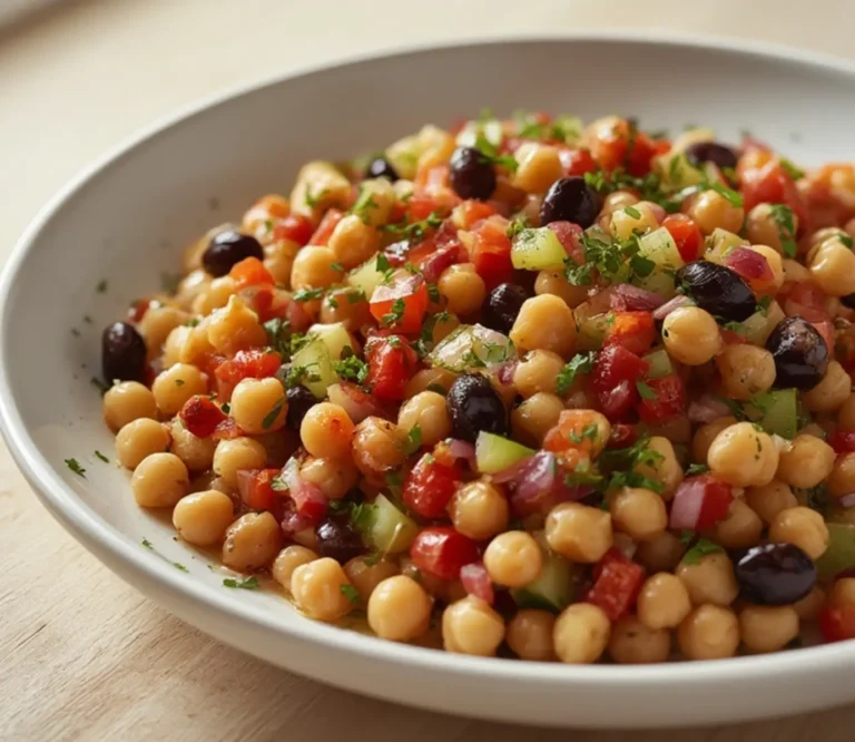 Home 6 Dense Bean Salad: Hearty dense bean salad with chickpeas, beans, and fresh vegetables in a bowl