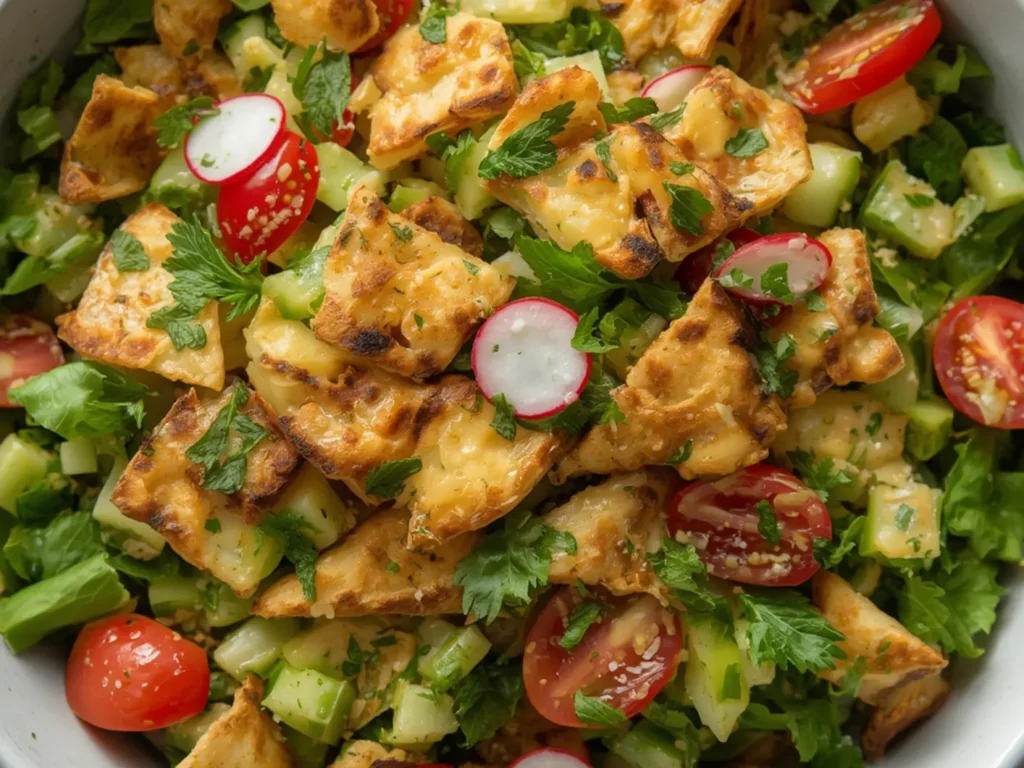 Fattoush Salad with Pita Chips: Crispy golden pita chips resting on a colorful bed of chopped cucumber, tomatoes, and fresh mint leaves drizzled with tangy sumac dressing.