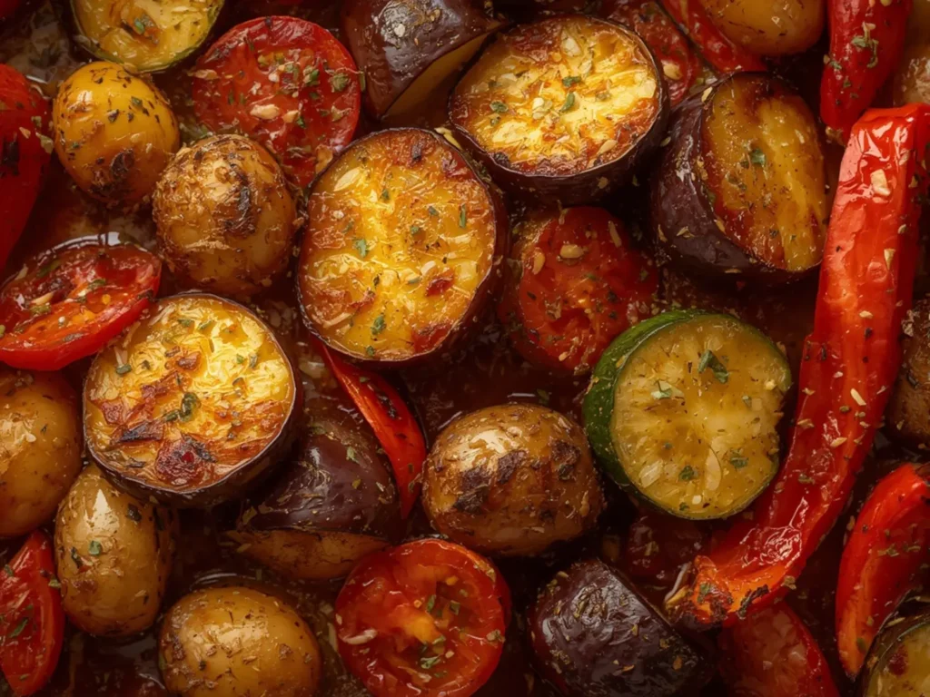 Greek Briam Roasted Vegetables: Golden roasted Greek Briam vegetables with caramelized edges and herbs on a baking sheet