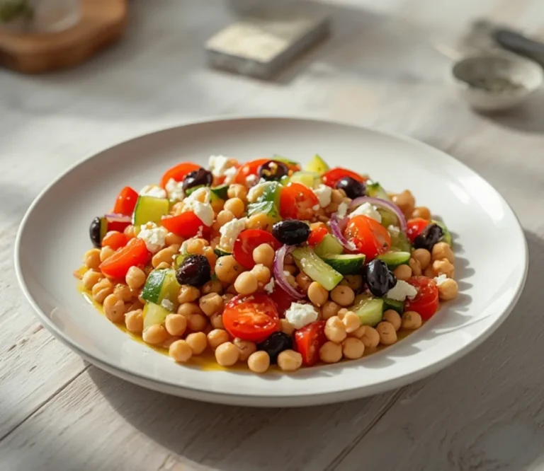 Home 9 Greek Chickpea Salad: Fresh Greek chickpea salad with chickpeas, tomatoes, cucumber, olives, and feta in a bowl.