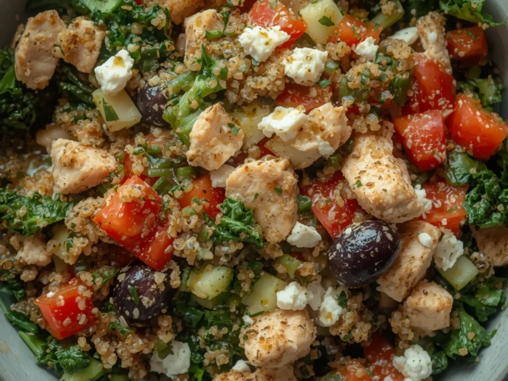 Greek Kale Salad with Quinoa Chicken: Close up of a Greek kale salad with quinoa and chicken in a rustic ceramic bowl topped with crumbled feta cheese and Kalamata olives