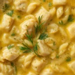 Greek Lemon Chicken Orzo Soup: Close up of creamy Greek Lemon Chicken Orzo Soup in a white bowl, garnished with fresh dill and lemon slices.