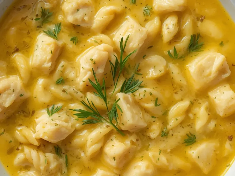 Greek Lemon Chicken Orzo Soup: Close up of creamy Greek Lemon Chicken Orzo Soup in a white bowl, garnished with fresh dill and lemon slices.