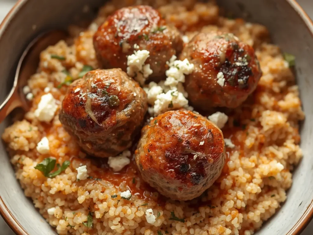 Greek Meatball Bowls with Couscous: Greek meatball bowls with couscous topped with feta cheese in a rustic ceramic bowl
