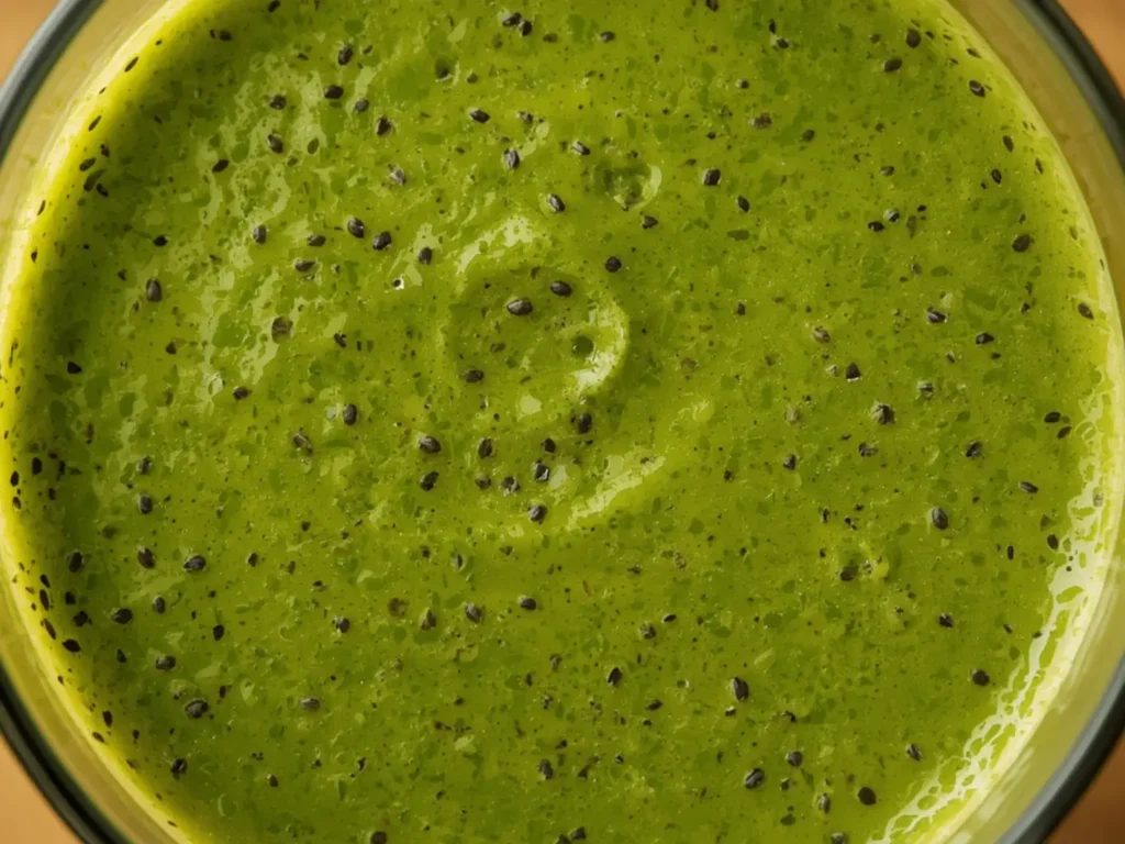 Green Smoothie Detox Spinach Banana Ginger: Creamy green smoothie detox spinach banana ginger in a glass with visible chia seeds and bright color.