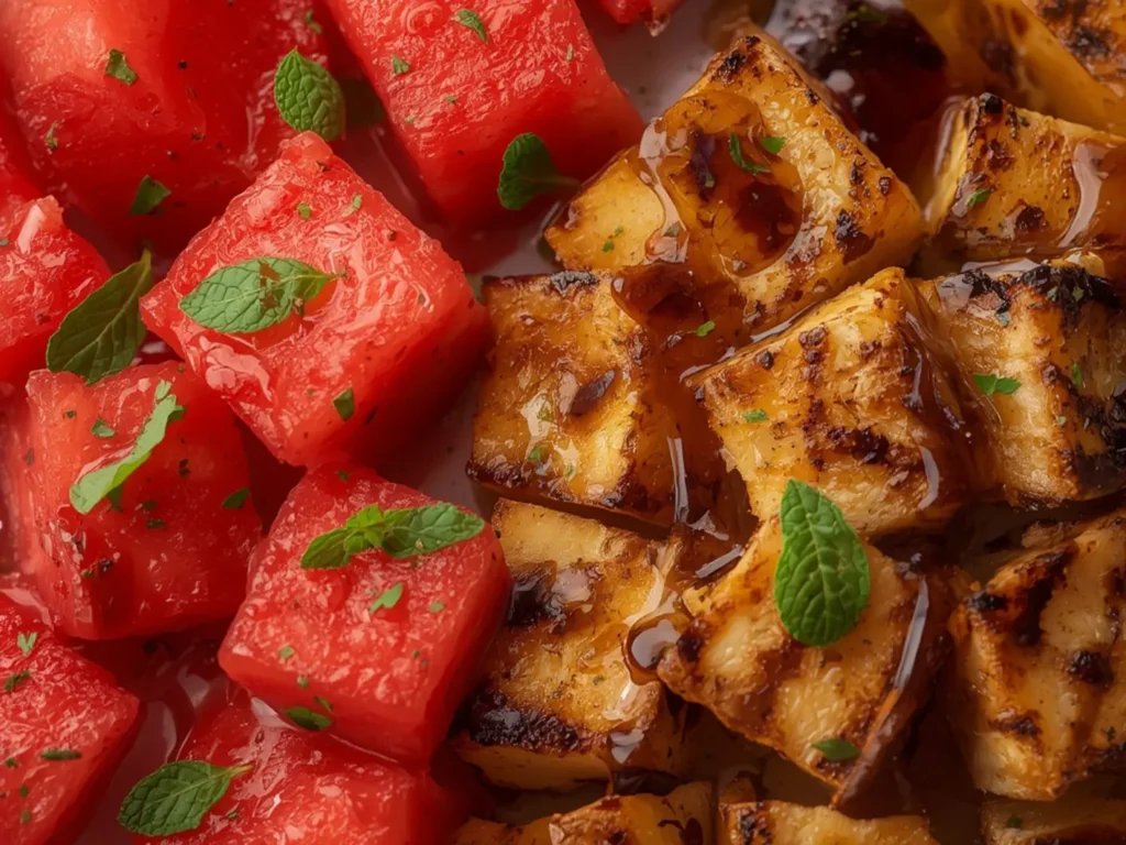 Grilled Halloumi Watermelon Salad: Grilled halloumi watermelon salad with golden cheese slices and bright red melon cubes.