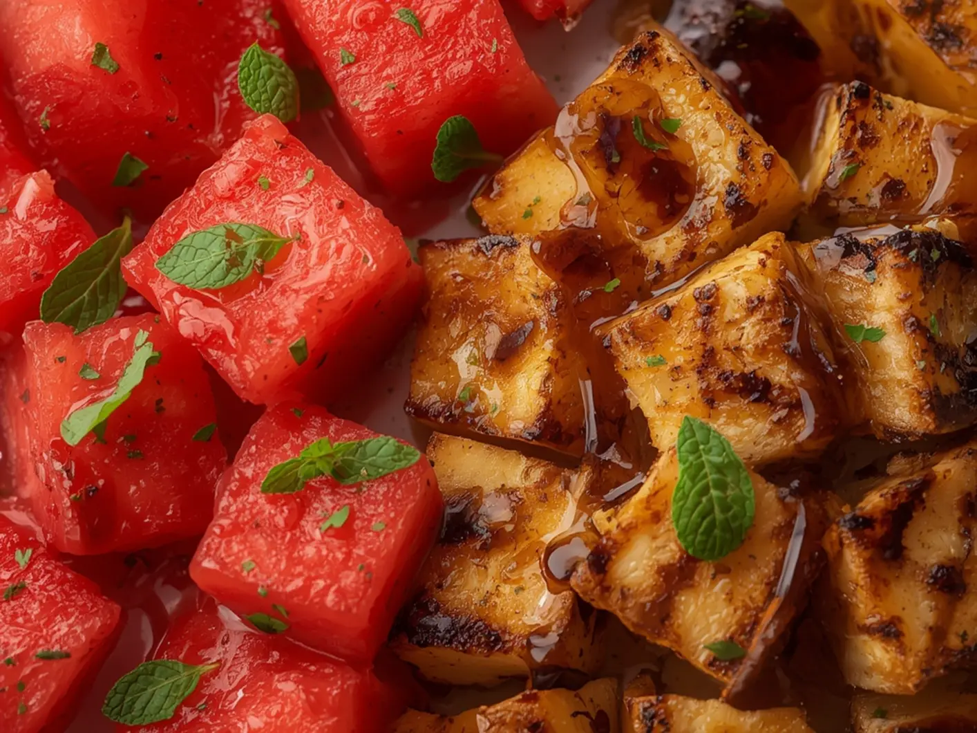 Ultimate Grilled Halloumi Watermelon Salad Recipe 6 Grilled Halloumi Watermelon Salad: Grilled halloumi watermelon salad with golden cheese slices and bright red melon cubes.