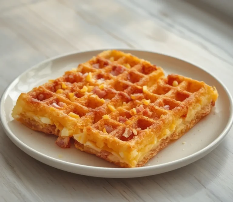 Home 11 Ham Cheese Chaffle: Crispy golden ham cheese chaffle with melted cheese and ham bits on a mini waffle maker.