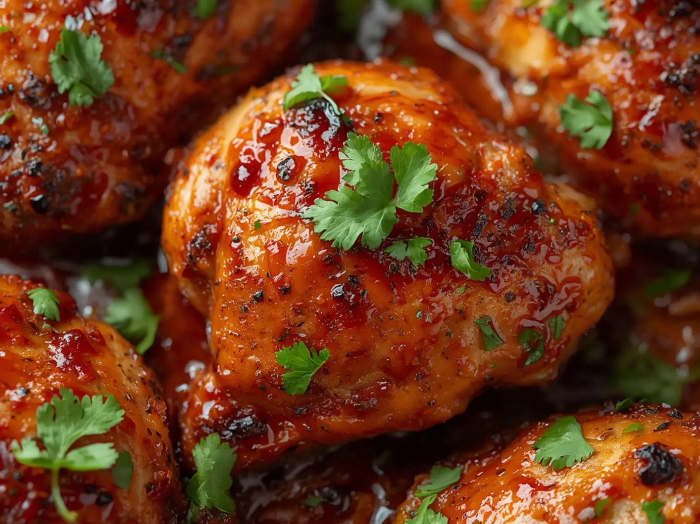 Juicy Harissa Honey Chicken Thighs - Easy Skillet Dinner 6 Harissa Honey Chicken Thighs: Crispy golden chicken thighs in sticky orange harissa honey glaze topped with fresh green cilantro in a cast iron skillet