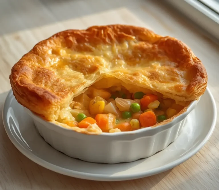 Home 7 Healthy Chicken Pot Pie: A golden flaky chicken pot pie bubbling with creamy vegetable filling in a rustic dish