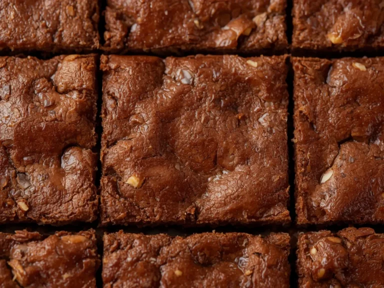 Keto Almond Flour Brownies: Fudgy keto almond flour brownies with a glossy crackly top and dense, moist interior on a simple background.