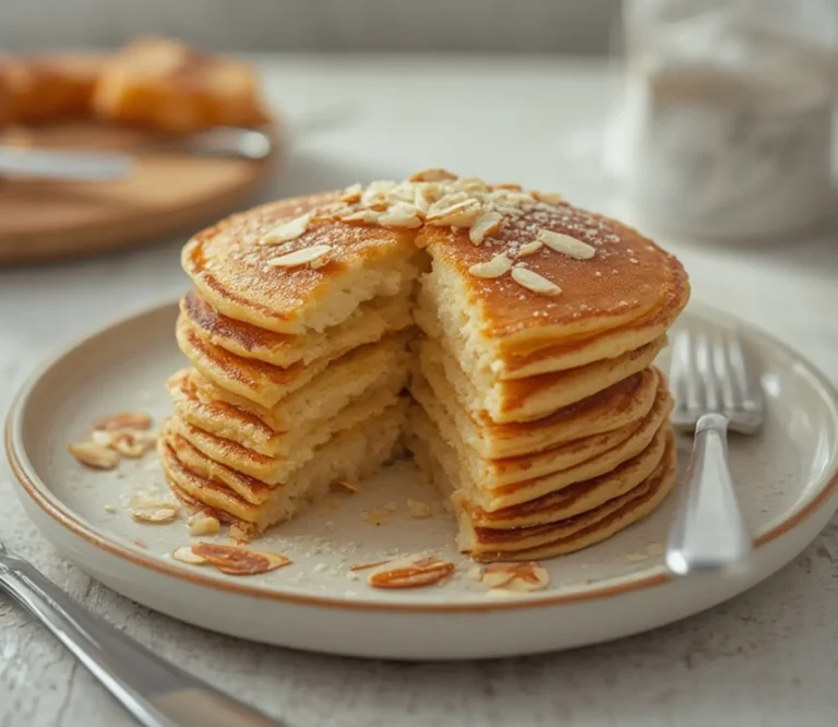 Home 7 Keto Almond Pancakes: Stack of golden keto almond pancakes with fluffy texture and almond specks, ready to eat.