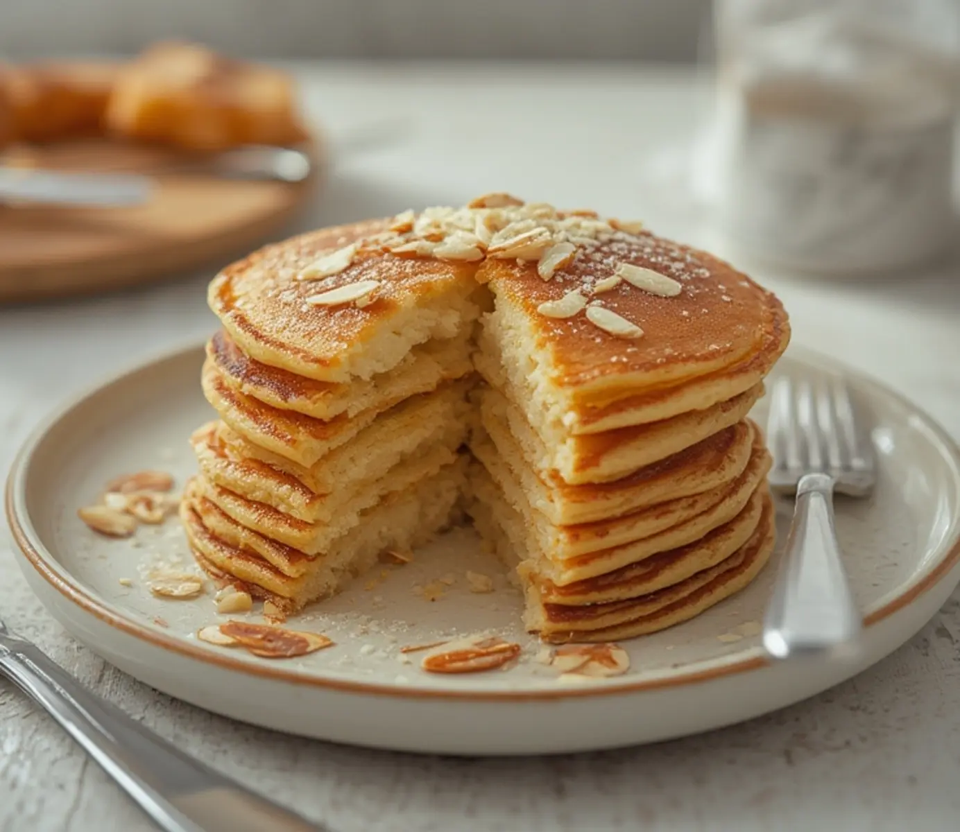 Ultimate Keto Almond Pancakes Golden Fluffy Breakfast 4 Keto Almond Pancakes: Stack of golden keto almond pancakes with fluffy texture and almond specks, ready to eat.