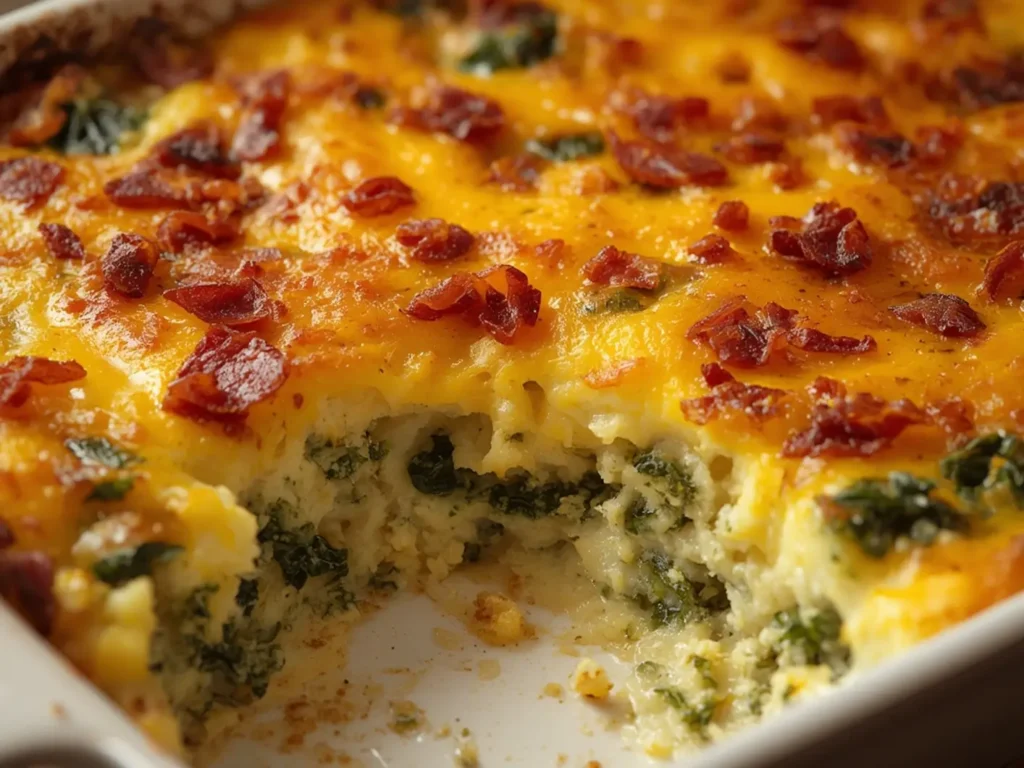 Keto Bacon Kale Breakfast Casserole: Close up of a slice of keto bacon kale breakfast casserole on a plate, showing fluffy eggs, crispy bacon bits, and melted cheese.