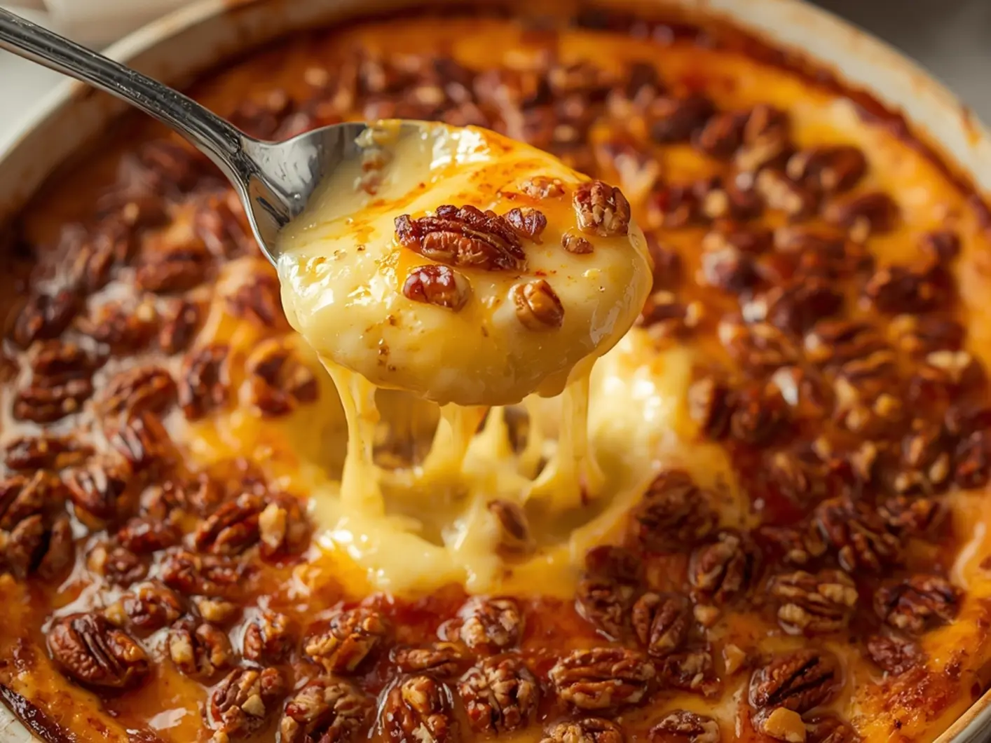Golden Keto Baked Brie with Nuts Honey - Easy & Elegant 2 Keto Baked Brie with Nuts Honey: Close up of baked brie cheese oozing out with sticky honey roasted nuts on top, keto appetizer.