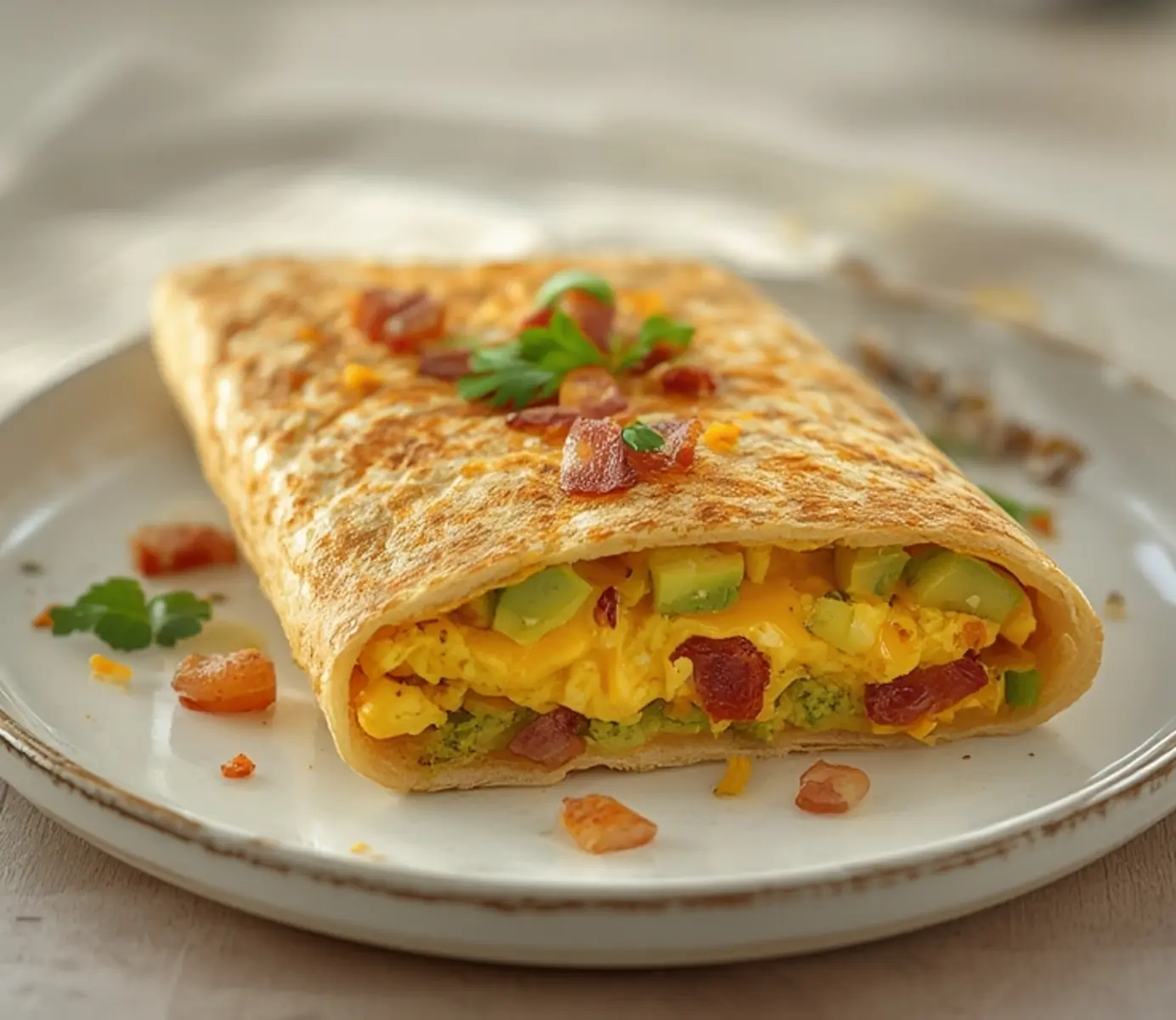 Ultimate Keto Breakfast Burrito Perfectly Golden 4 Keto Breakfast Burrito: Golden keto breakfast burrito with eggs, cheese, bacon, and avocado slices on a skillet surface
