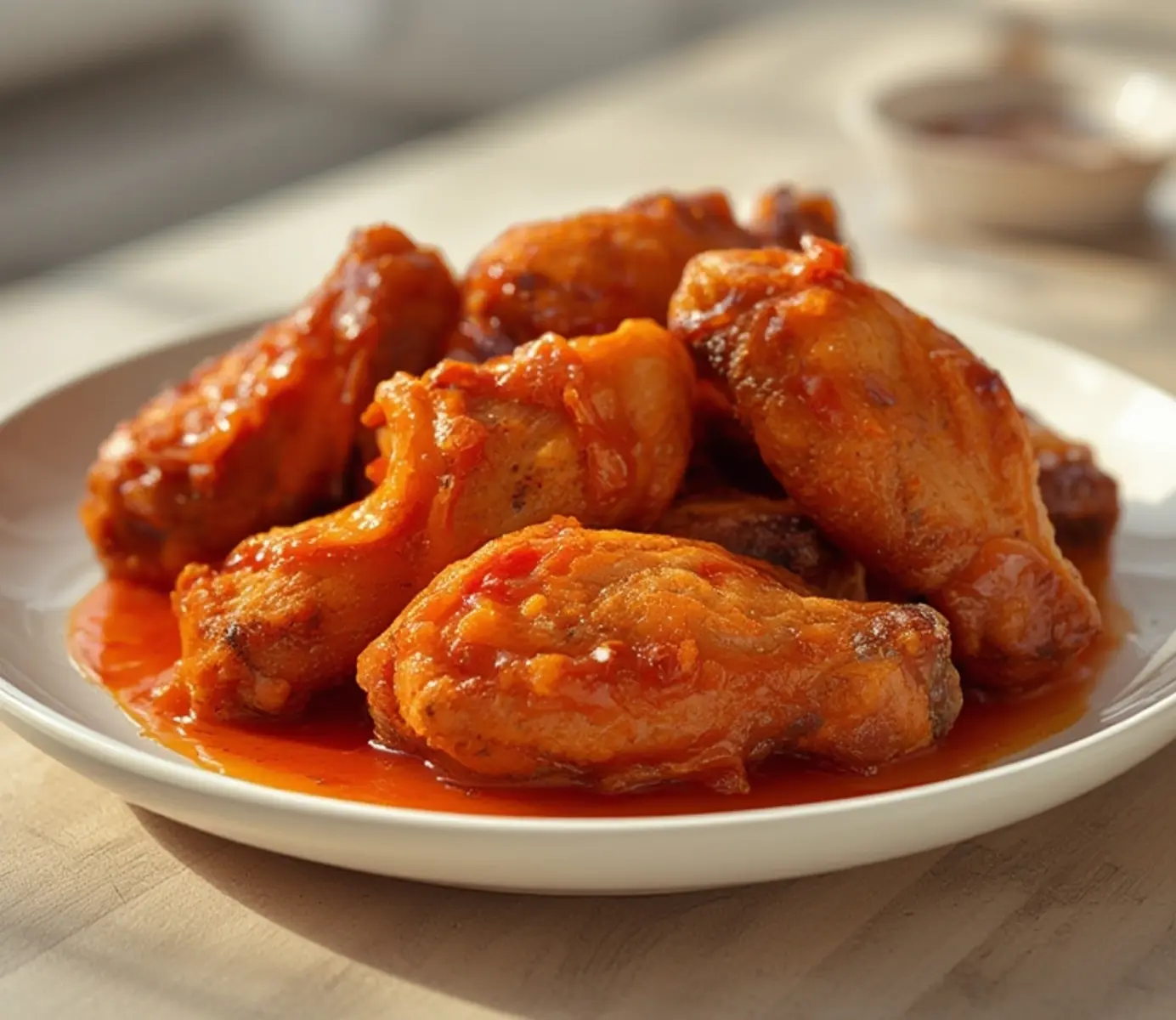 Extra Crispy Keto Buffalo Wings: Juicy & Spicy 4 Keto Buffalo Wings: Extra crispy keto buffalo wings coated in spicy orange sauce on a wire rack.