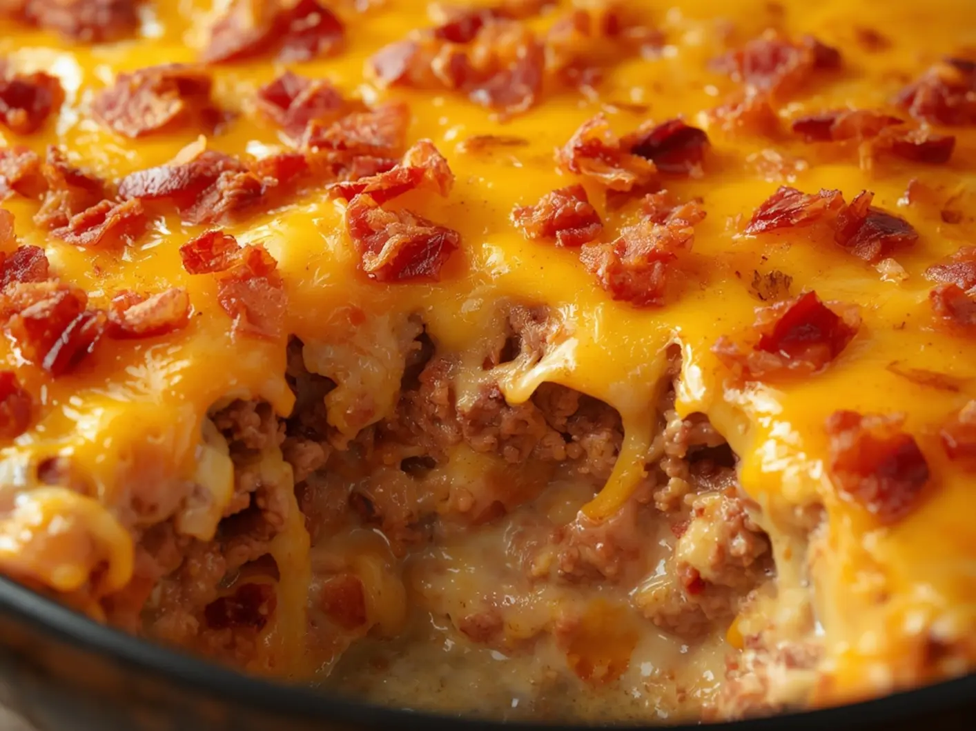 Ultimate Keto Cheeseburger Casserole Dinner Recipe 5 Keto Cheeseburger Casserole: Golden keto cheeseburger casserole with melted cheddar and crumbled bacon in a baking dish.