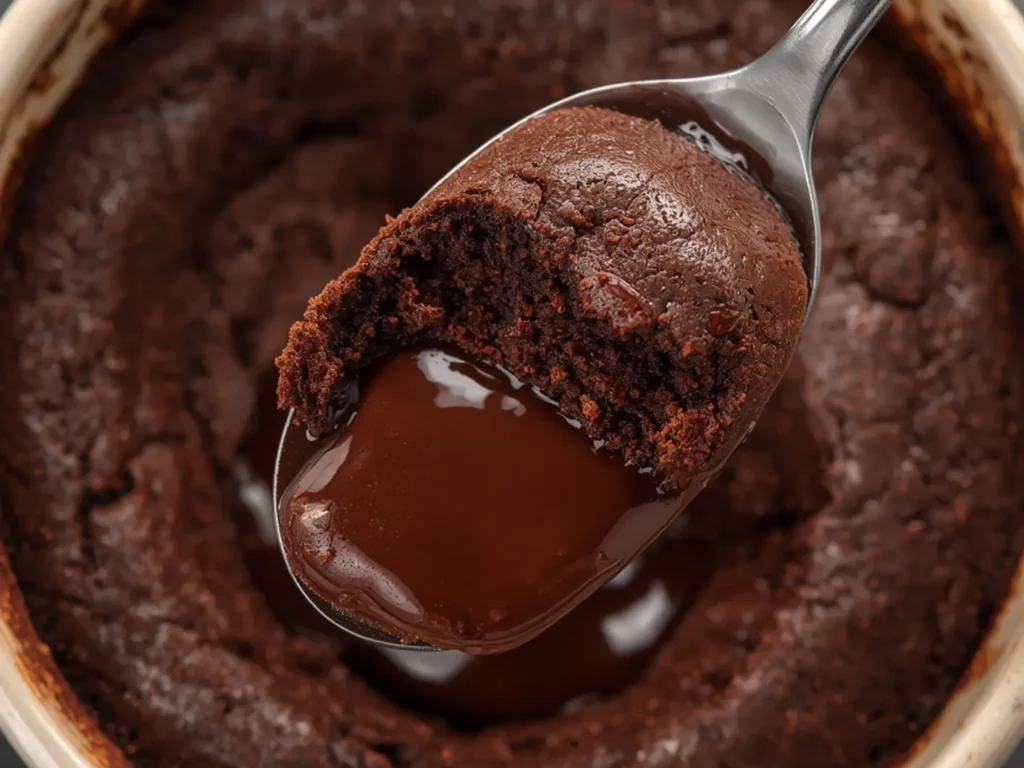 Keto Chocolate Lava Mug Cake: Dark brown keto chocolate lava mug cake with a molten chocolate center visible in a close-up, showing a soft, tender crumb and glossy texture.