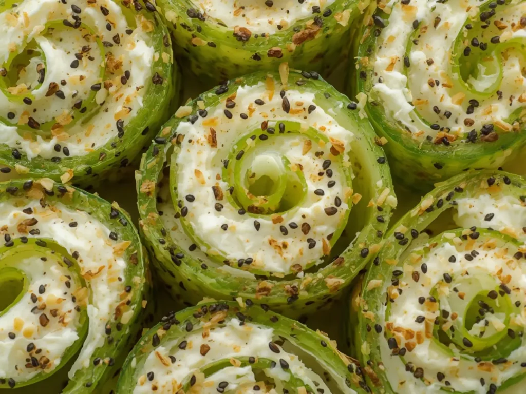 Keto Cucumber Cream Cheese Roll Ups: Crisp keto cucumber cream cheese roll ups on a platter