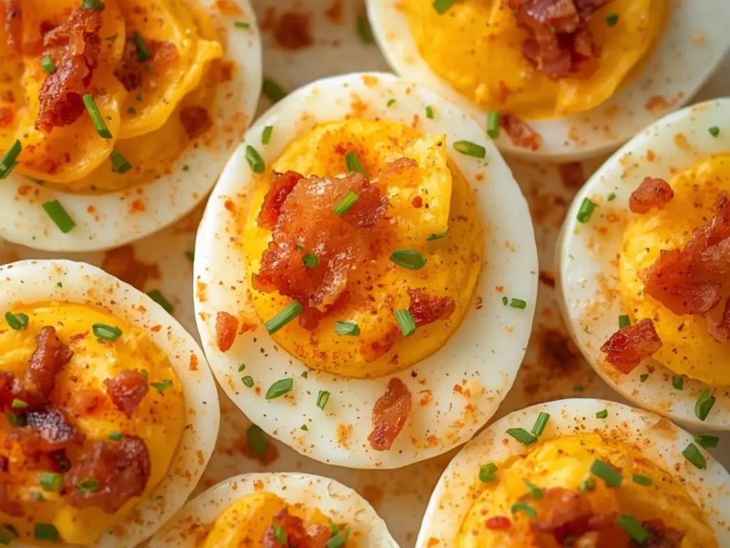 Keto Deviled Eggs with Bacon: Crispy bacon topped keto deviled eggs with creamy filling in egg white halves on a surface.