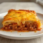 Keto Enchilada Bake: Golden crispy top on a cheesy keto enchilada bake with melted cheese and beef layers.